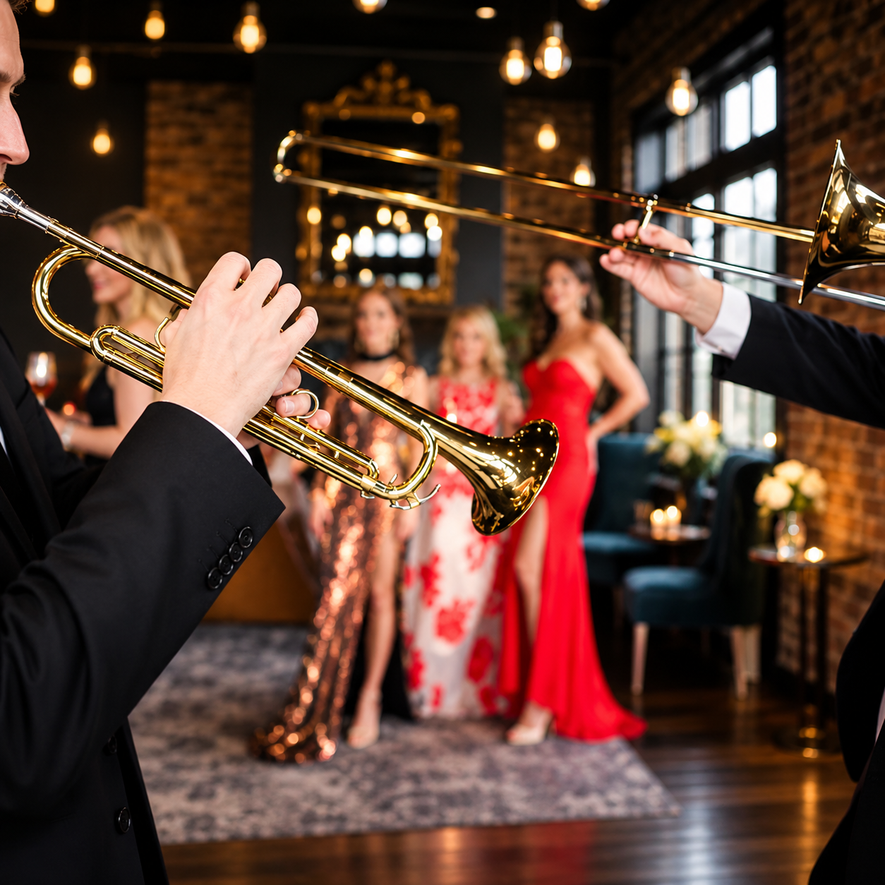 Trumpets playing at a lively indoor celebration with guests in formal red and floral dresses in the background