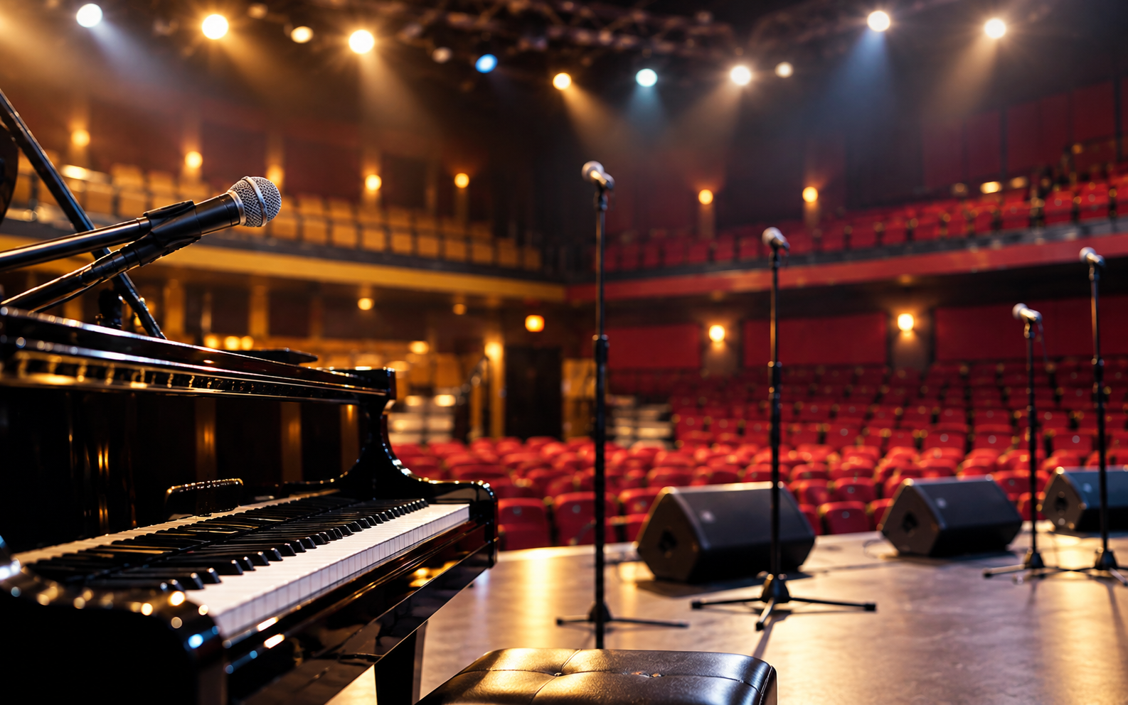Empty concert stage with grand piano, microphone stand, and warm theater lights shining over red seats