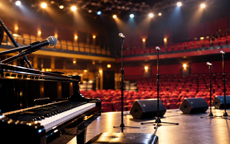 Piano on a stage with microphones and warm spotlights in an empty concert hall