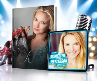 Podcast cover featuring a blonde woman, microphone, and teal title card with “Meredith Patterson”