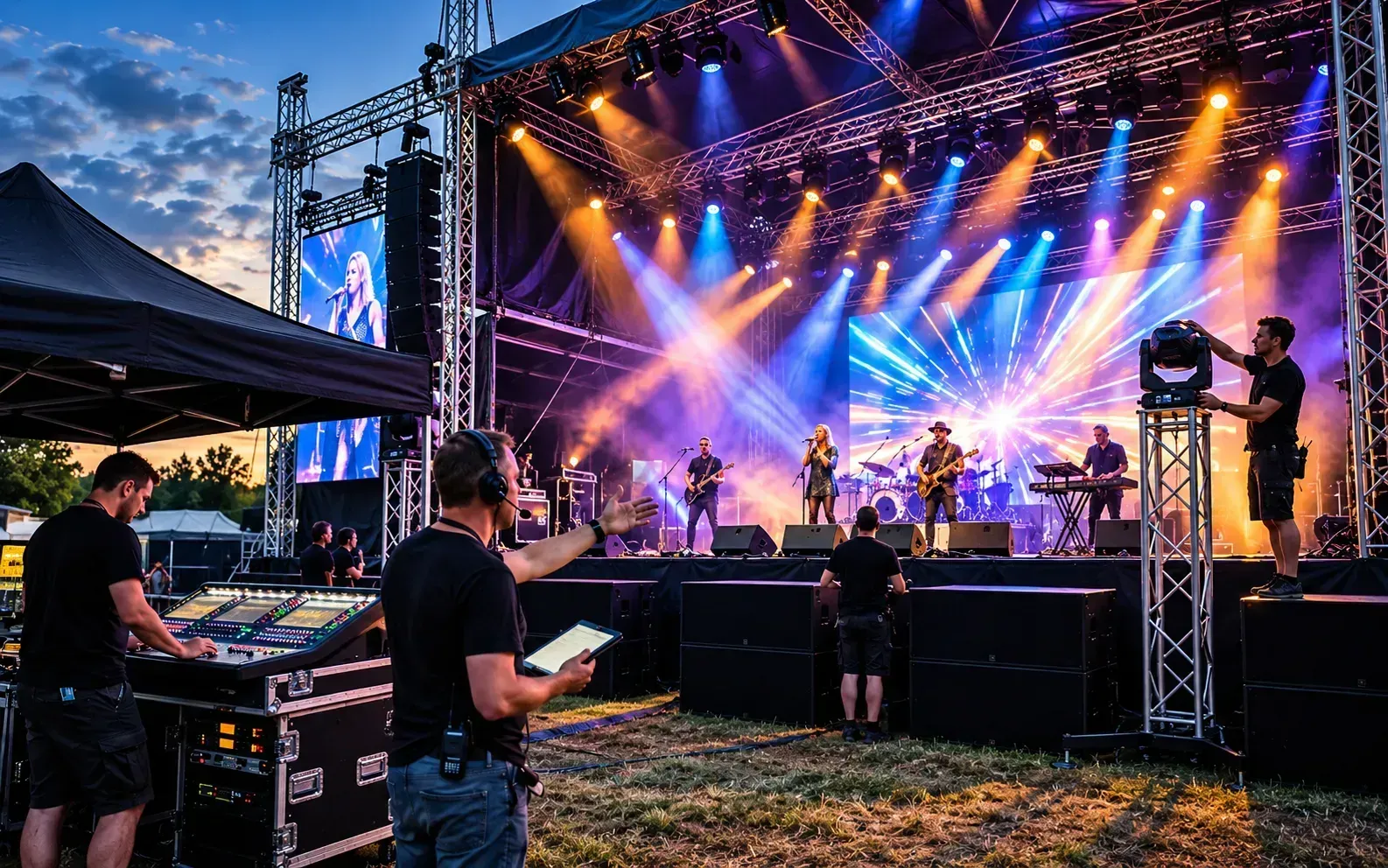 Outdoor concert stage lit with colorful beams, musicians performing as crew works at side stage at dusk