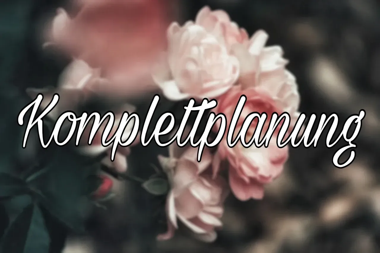 Eine Nahaufnahme einer rosa Blume mit den Worten „Komplettplanning“ darüber