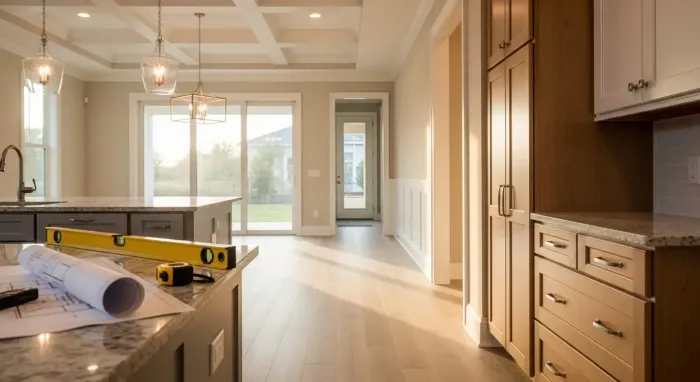 Bright, unfinished kitchen with cabinets, tools, and sunlight pouring through large windows into an open room.