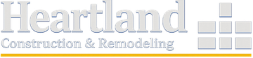 Heartland Construction & Remodeling logo with gray text and beige square tiles