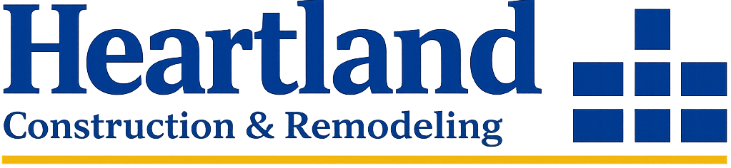 Heartland Construction & Remodeling logo with blue text and a blue block icon on white background