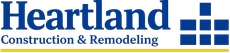Heartland Construction & Remodeling logo with blue text and a blue block icon on white background