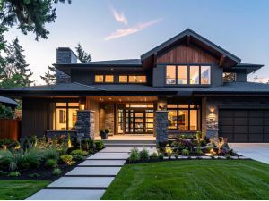 Modern two-story house with warm lights, large windows, and a landscaped front yard at dusk
