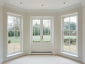 Bright bay windowed room with white French doors and tall windows overlooking a green yard