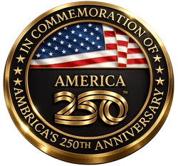 Gold commemorative medallion with “America 250” and U.S. flag, honoring America’s 250th anniversary