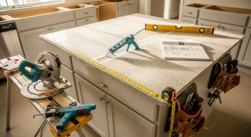 Workbench with tools, paper, and a yellow spirit level in a workshop setting