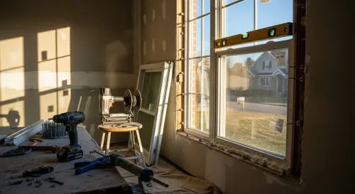 Sunlit unfinished room with tools, a chair, and a ladder by a window overlooking houses