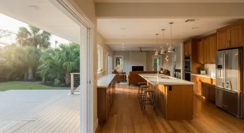 Modern kitchen with wood cabinetry and island, opening to a sunlit patio and green backyard.