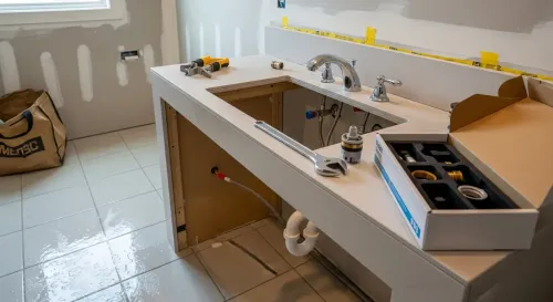 Renovated kitchen sink area with open cabinet, tile floor, and tools on the countertop