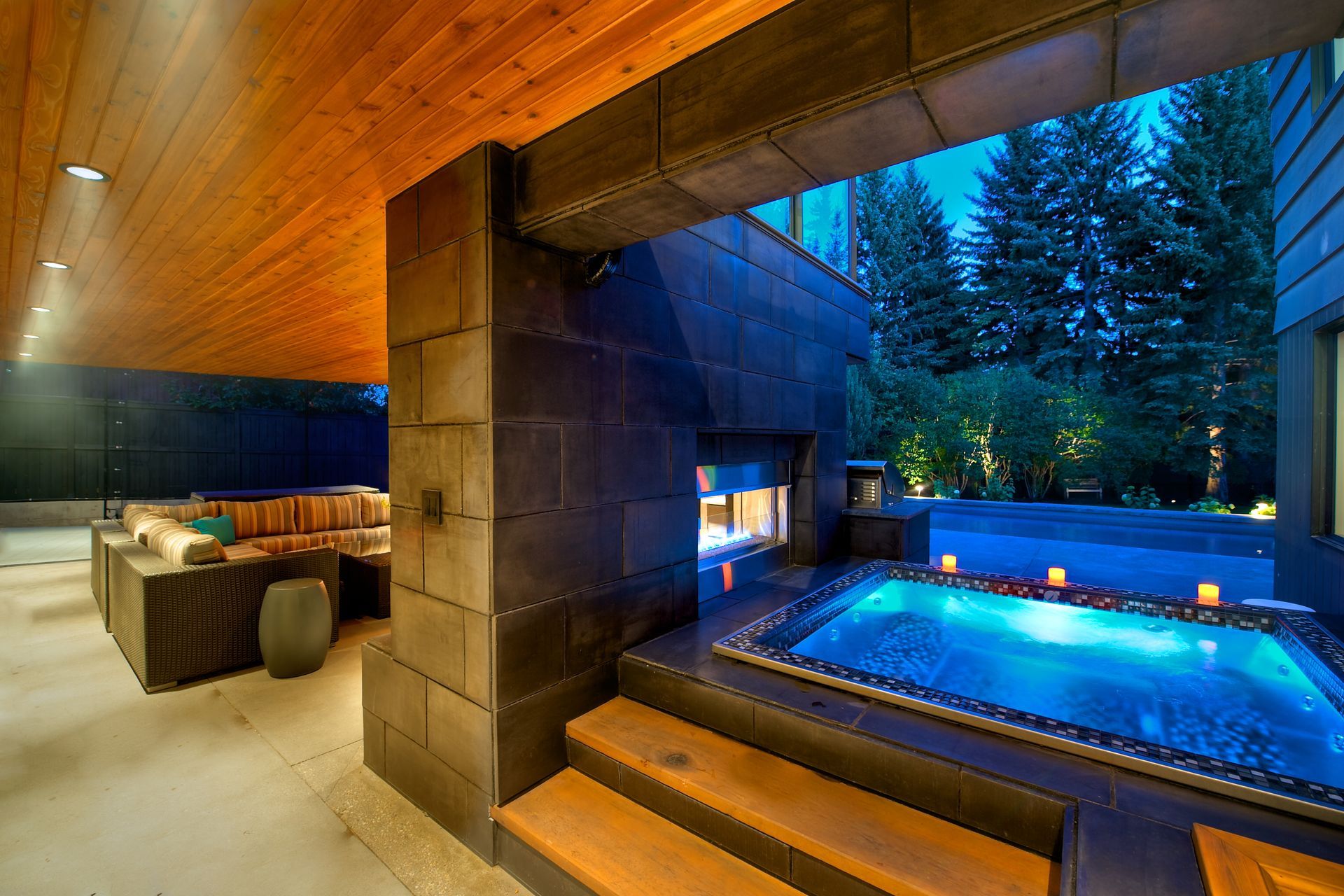 hot tub and a fireplace