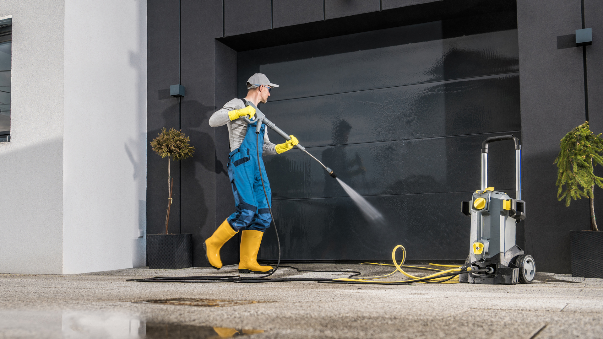 Worker in blue coveralls pressure-washes a dark storefront walkway beside a yellow machine.
