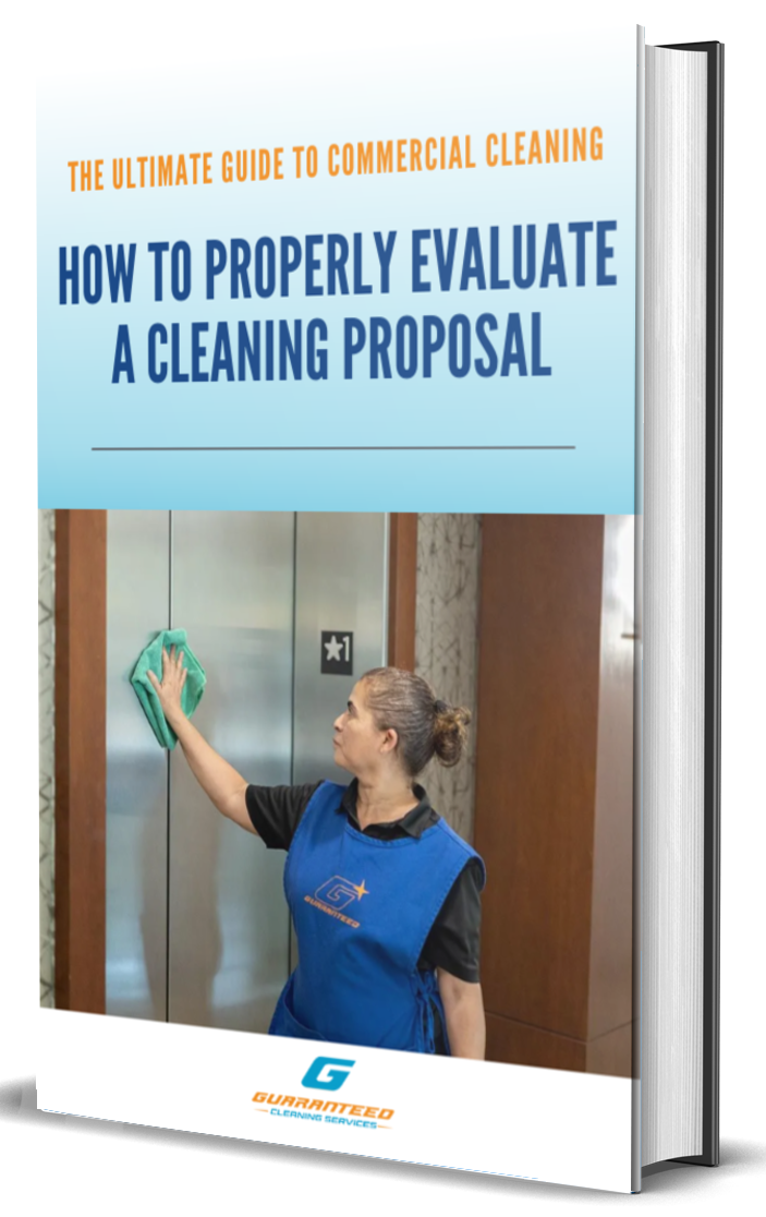Book cover titled “How to Properly Evaluate a Cleaning Proposal” showing a cleaner wiping an elevator panel.