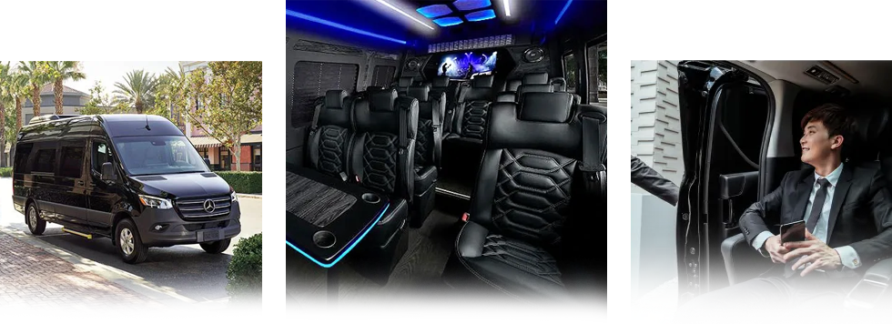 A man in a suit is sitting in the driver 's seat of a van.
