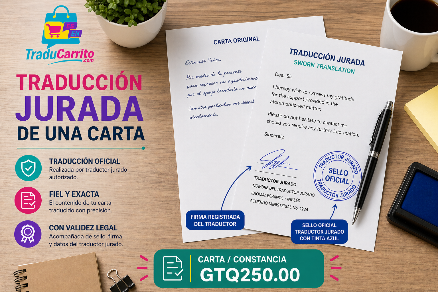 Anuncio en español de traducción jurada de una carta, con documentos y sello sobre una mesa.