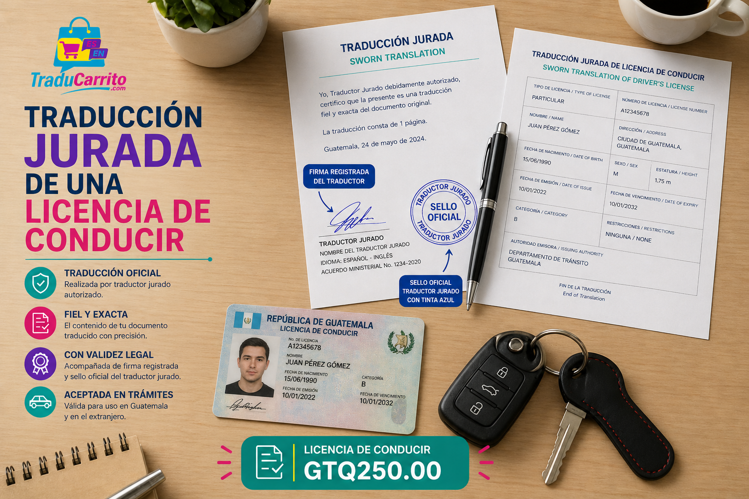 Anuncio de trámite de licencia de conducir con formularios, credencial, llaves y teléfono sobre una mesa.