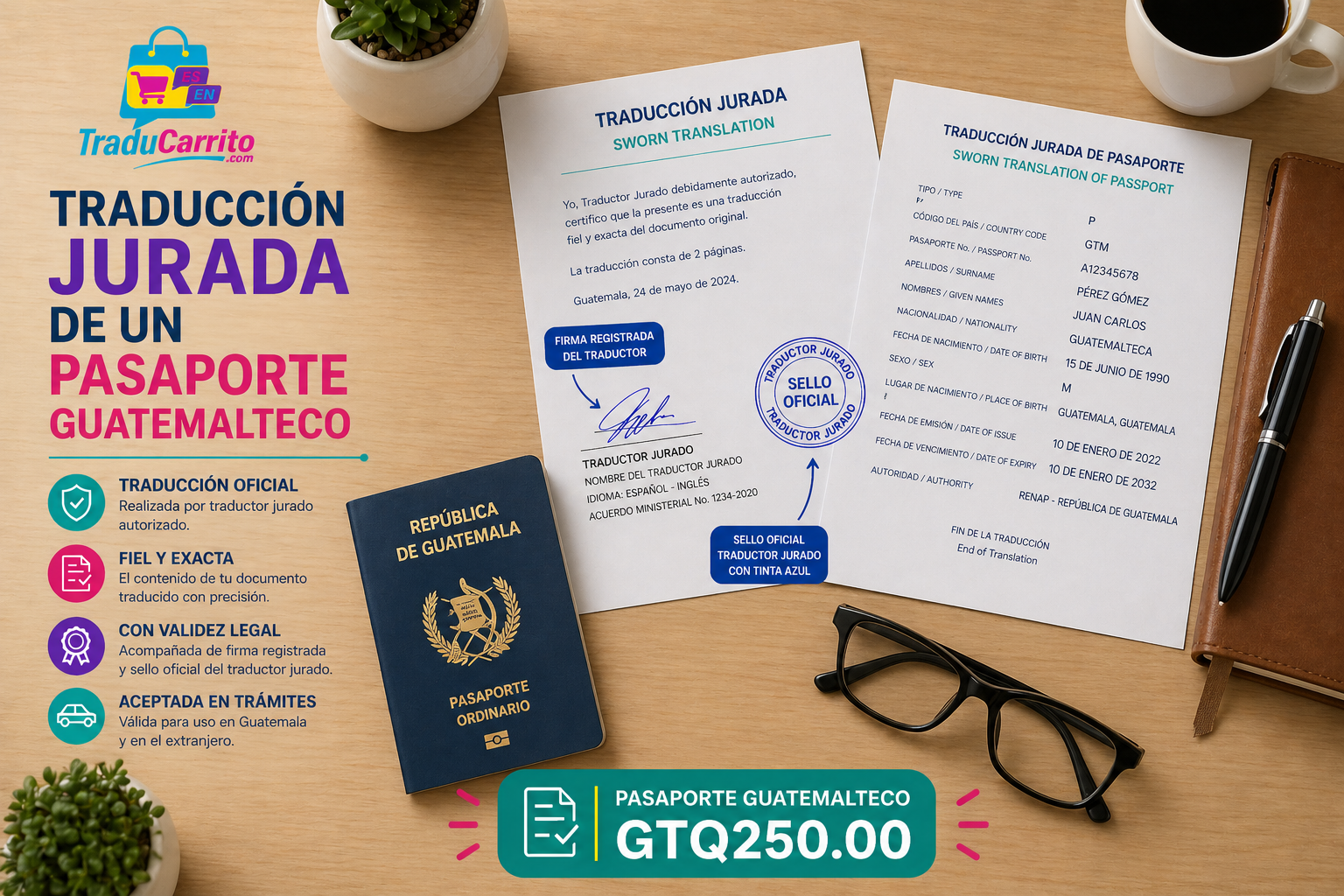 Jurisdicción de pasaporte guatemalteco con pasaporte, formulario, sello y precio GTQ250.00 sobre escritorio