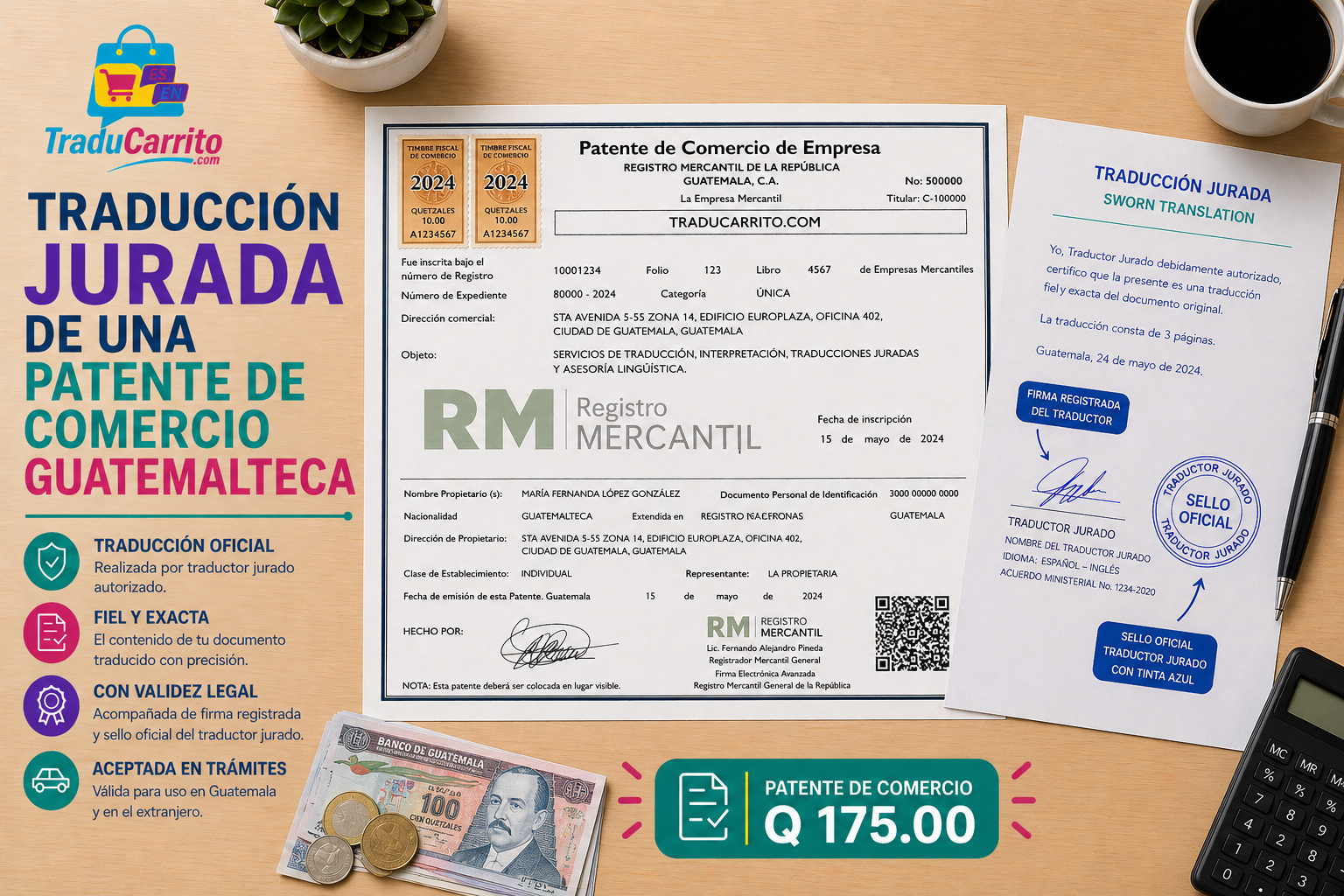 Anuncio en español de traducción certificada en Guatemala con documentos, sellos, pasaporte y precio en quetzales.