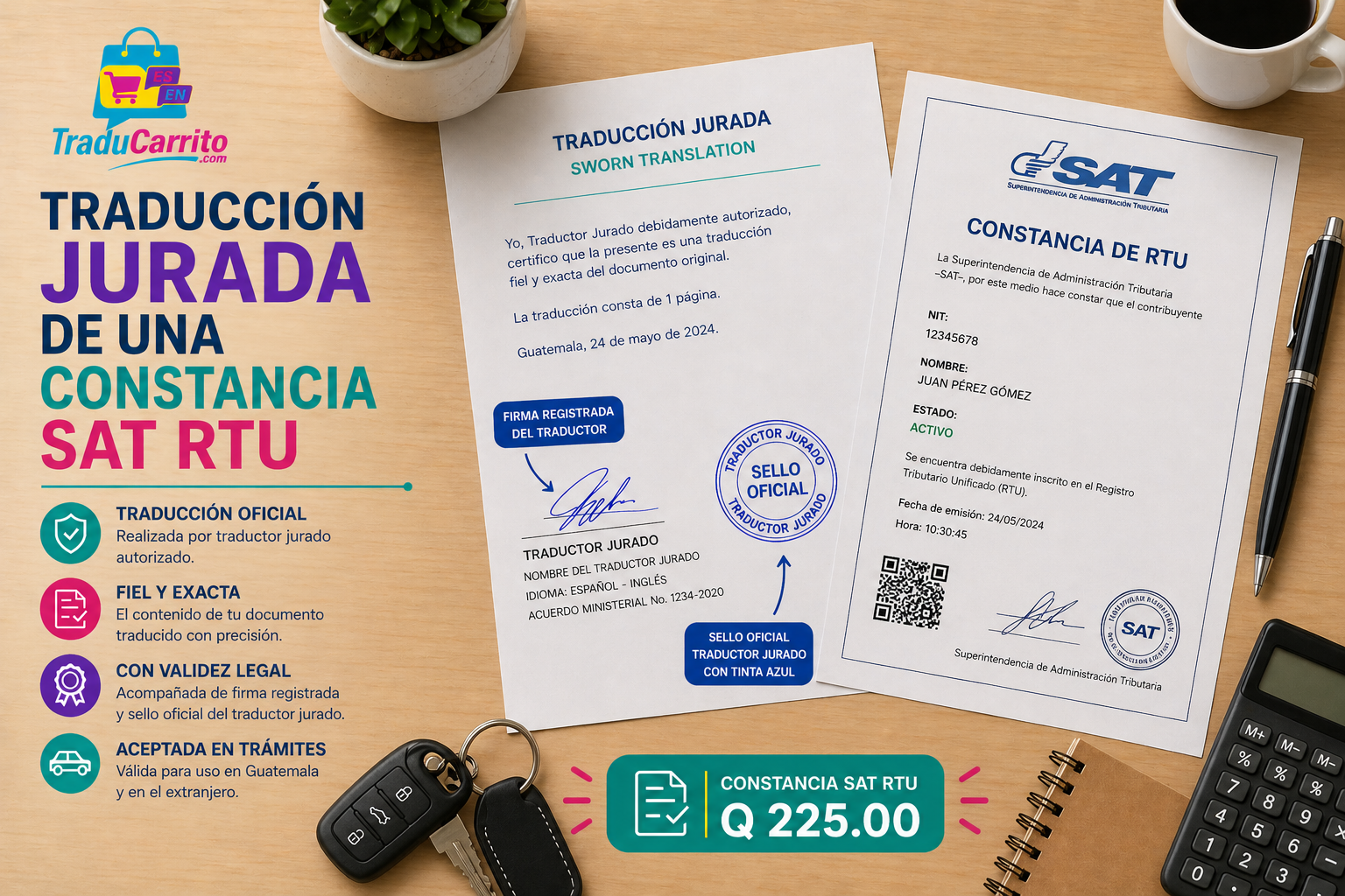 Gráfico promocional del servicio de traducción de impuestos SAT con documentos sobre un escritorio