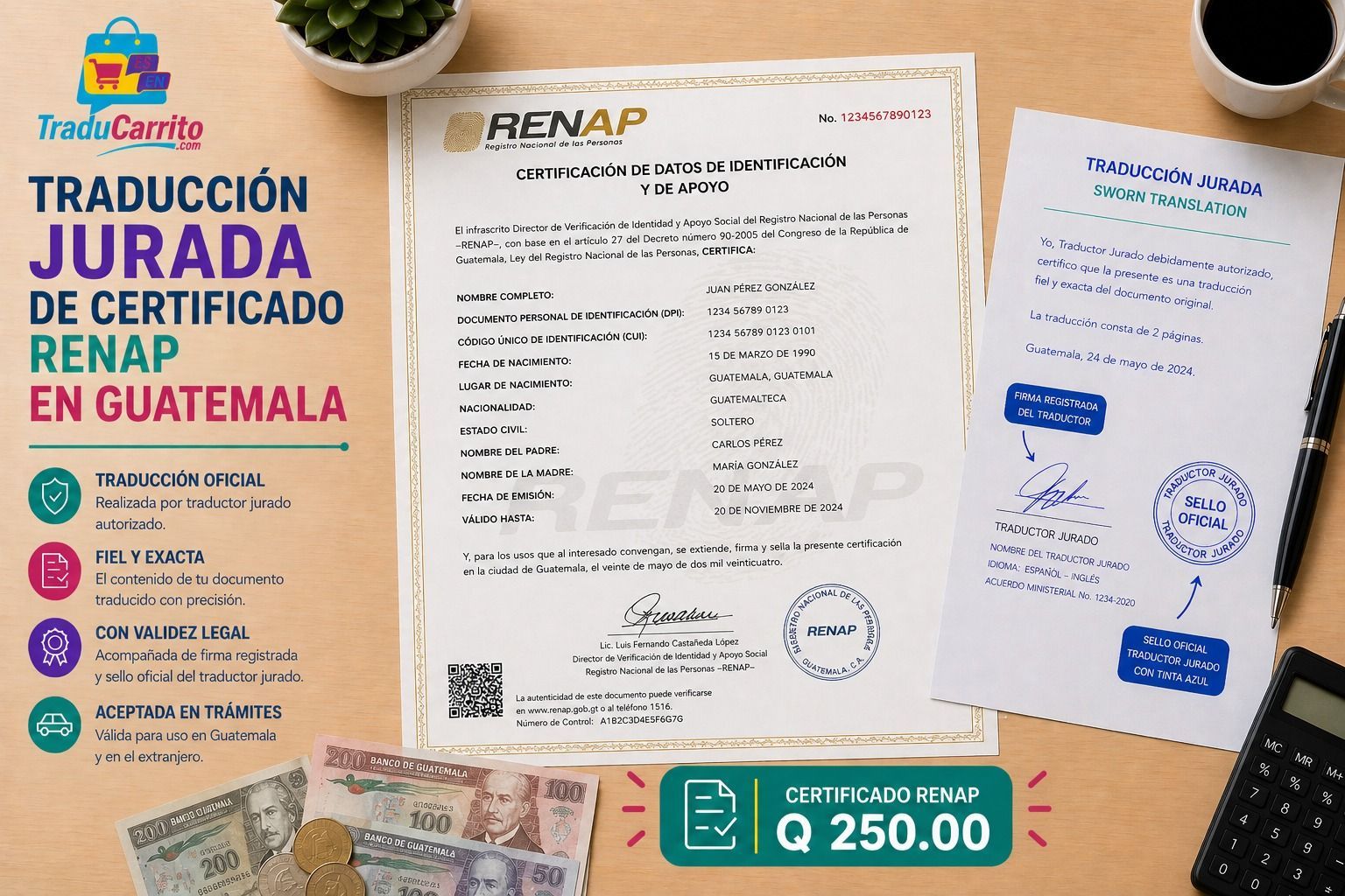 Promotional layout for traductor jurada de certificado RENAP en Guatemala with documents and a price tag of Q250.00