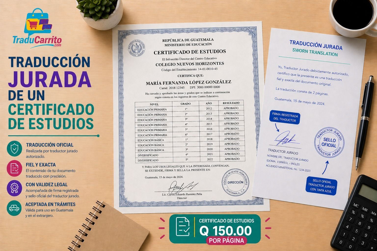 Folleto promocional para la traducción de actas de nacimiento españolas, con fotos del documento sobre un escritorio