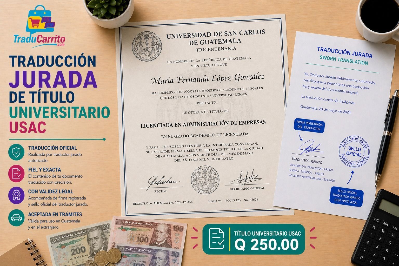Promotional graphic for Traducción Jurada de Título Universitario, with certificate documents and USAC logo.