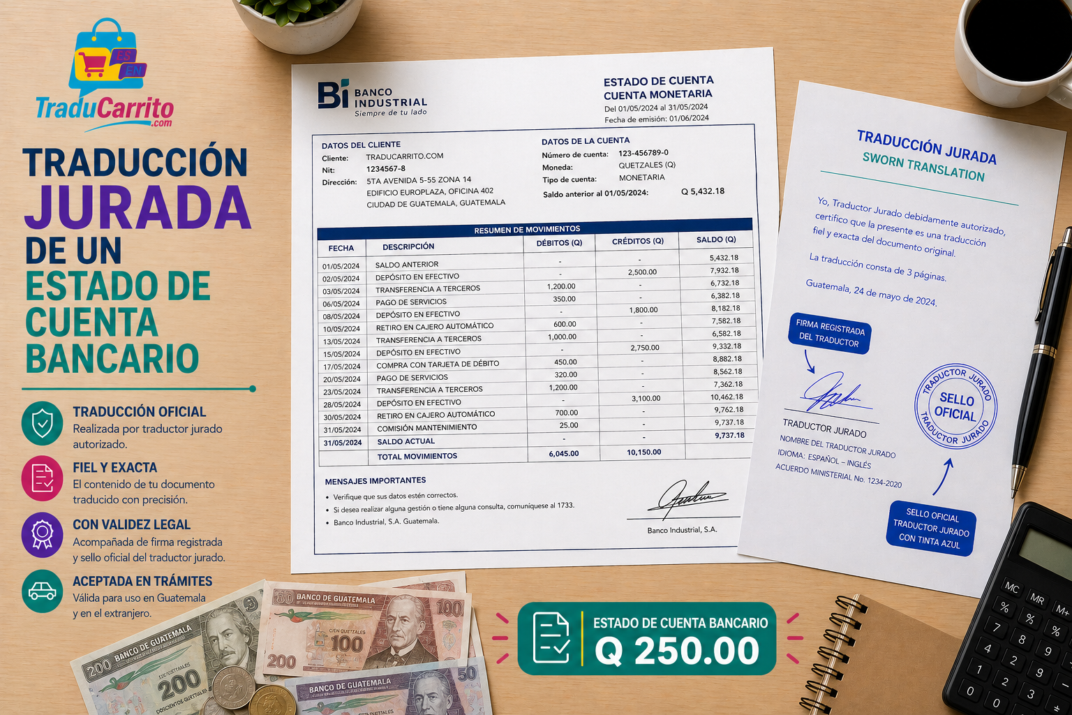 Traducción jurada de un estado de cuenta bancaria con billetes, sellos y laptop sobre un escritorio