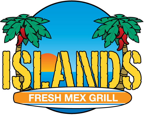 Islands Fresh Mex Grill logo with palm trees, a blue sunburst, and yellow text