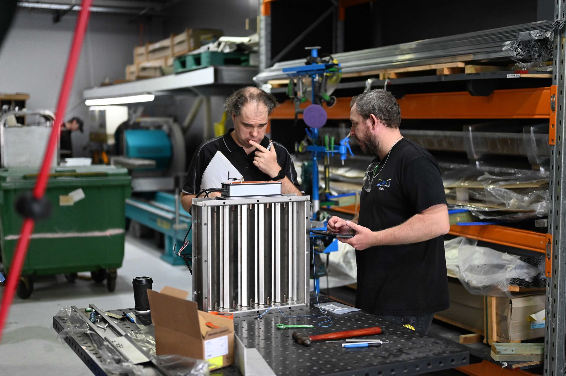 Blake and Liam assessing the workings of a new automated damper.