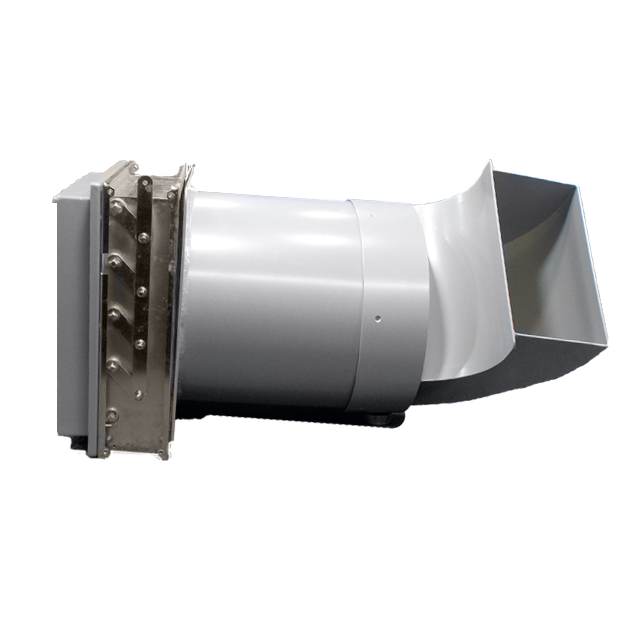DC High volume fan with a damper and air diverter attached