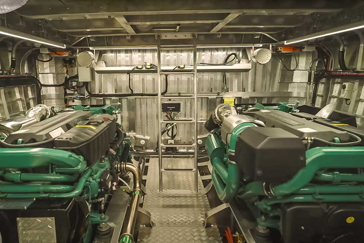 The engine room of the Dongara Marine  built Spvitzer offshore transfer boat