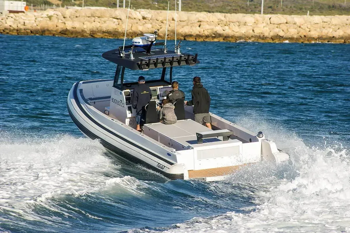 This NAIAD rhib project by Kirby Marine showing the MAFI intake grille visible on the rear deck.