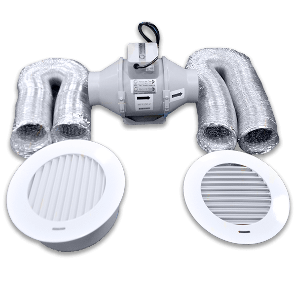 Mixed flow fans with 5 meters of flexible duct and intake and outlet grilles