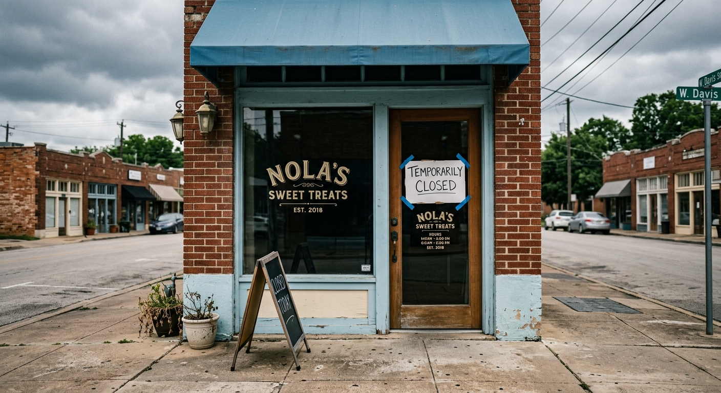Dallas TX commercial street with small business storefronts under a partly cloudy Texas sky