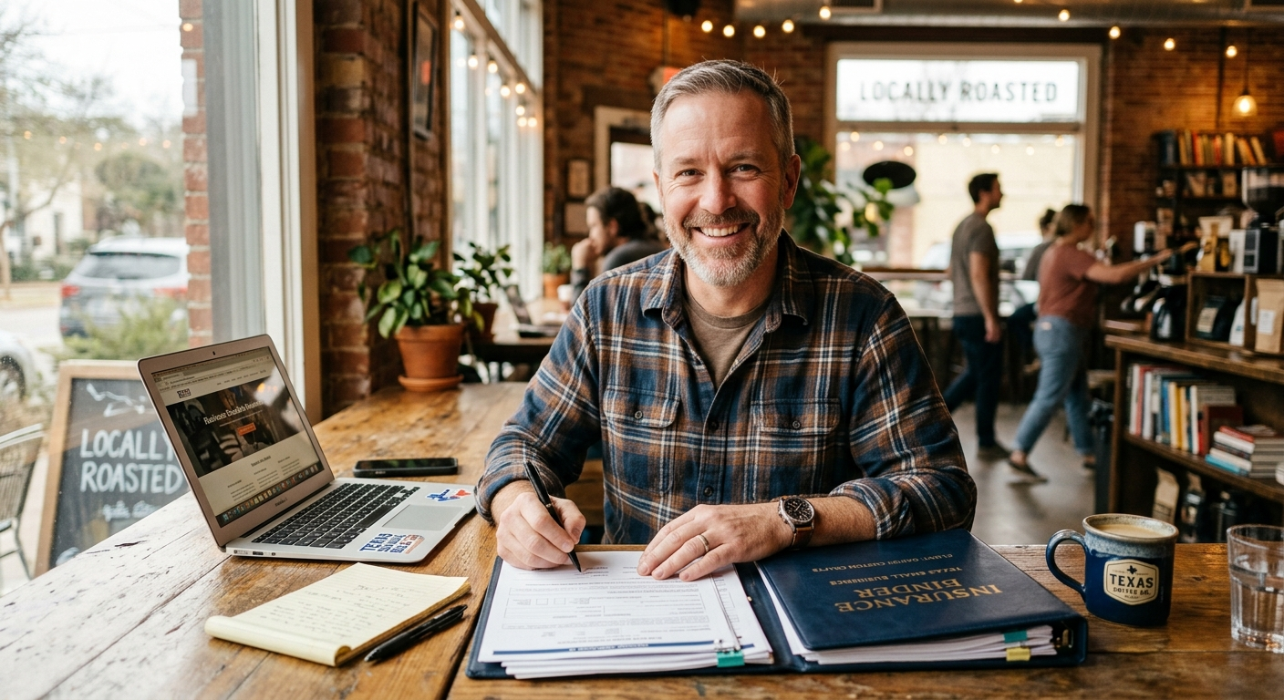 Small business owner reviewing insurance documents at a desk inside a Texas retail shop