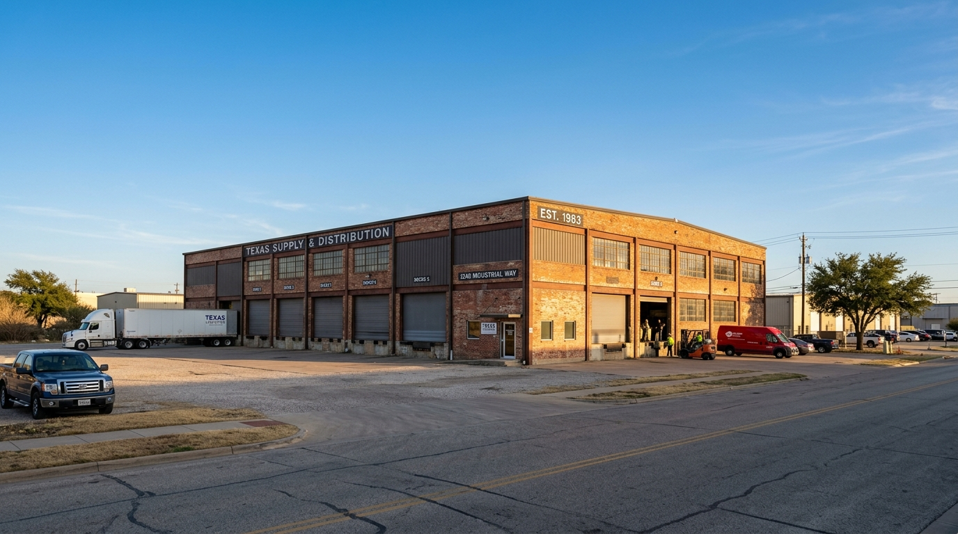 Small brick commercial building in a North Texas business district under a partly cloudy sky with storm clouds forming in