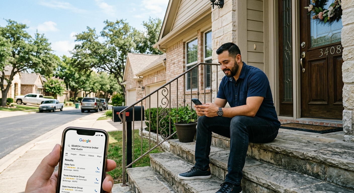 Independent insurance broker seated at a desk reviewing policy documents with a Texas client in a local office setting