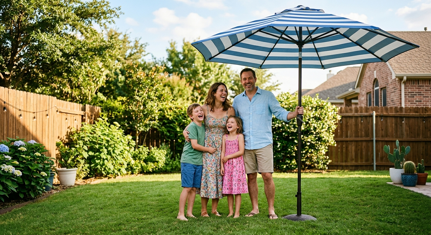 Texas family standing in front of a suburban home with a swimming pool in the backyard on a sunny afternoon