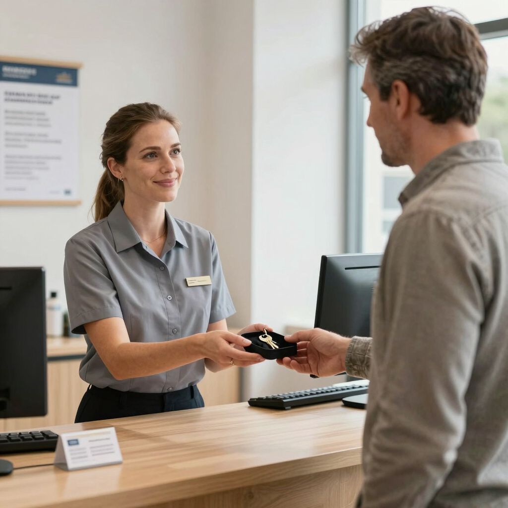 Receptionsmedarbejderen giver et kort til en kunde ved en serviceskranke