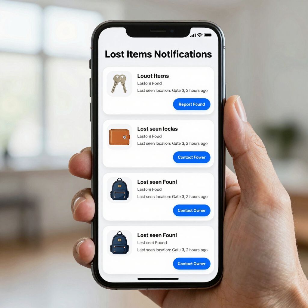 Hånd der holder en iPhone med en app til notifikationer om mistede genstande, kort og blå handlingsknapper