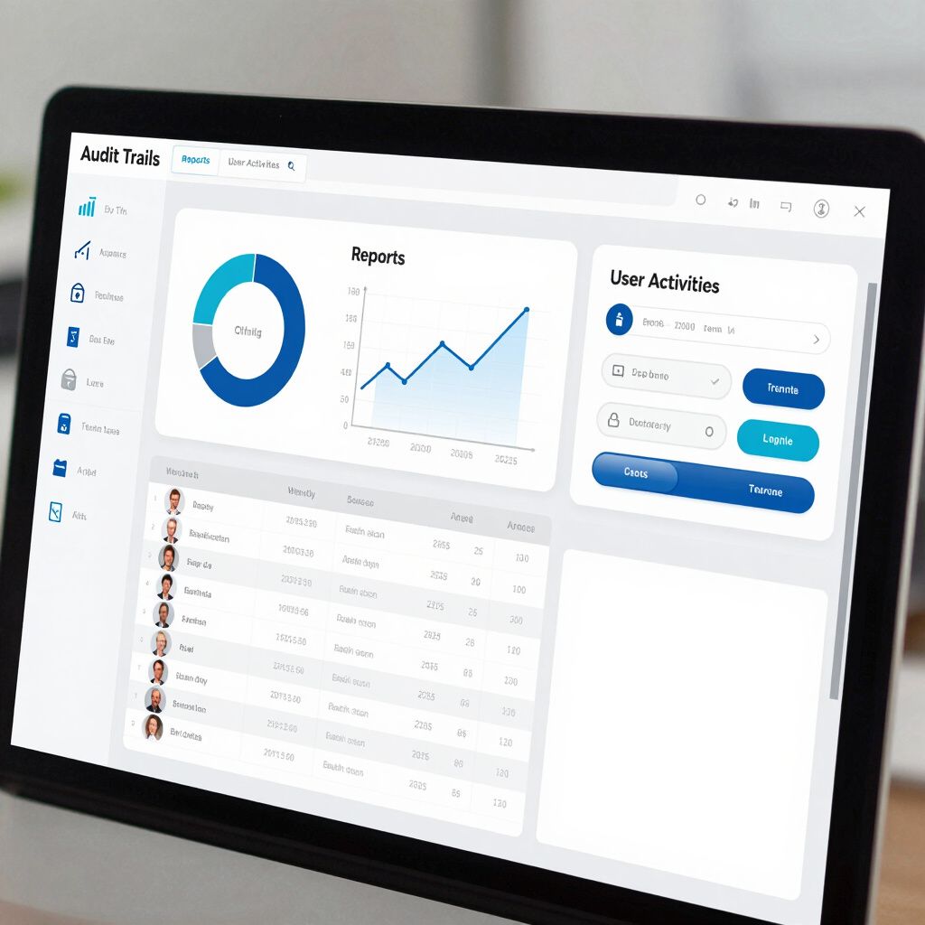 Analysedashboard på en bærbar computerskærm med diagrammer, brugeraktivitetskort og en datatabel