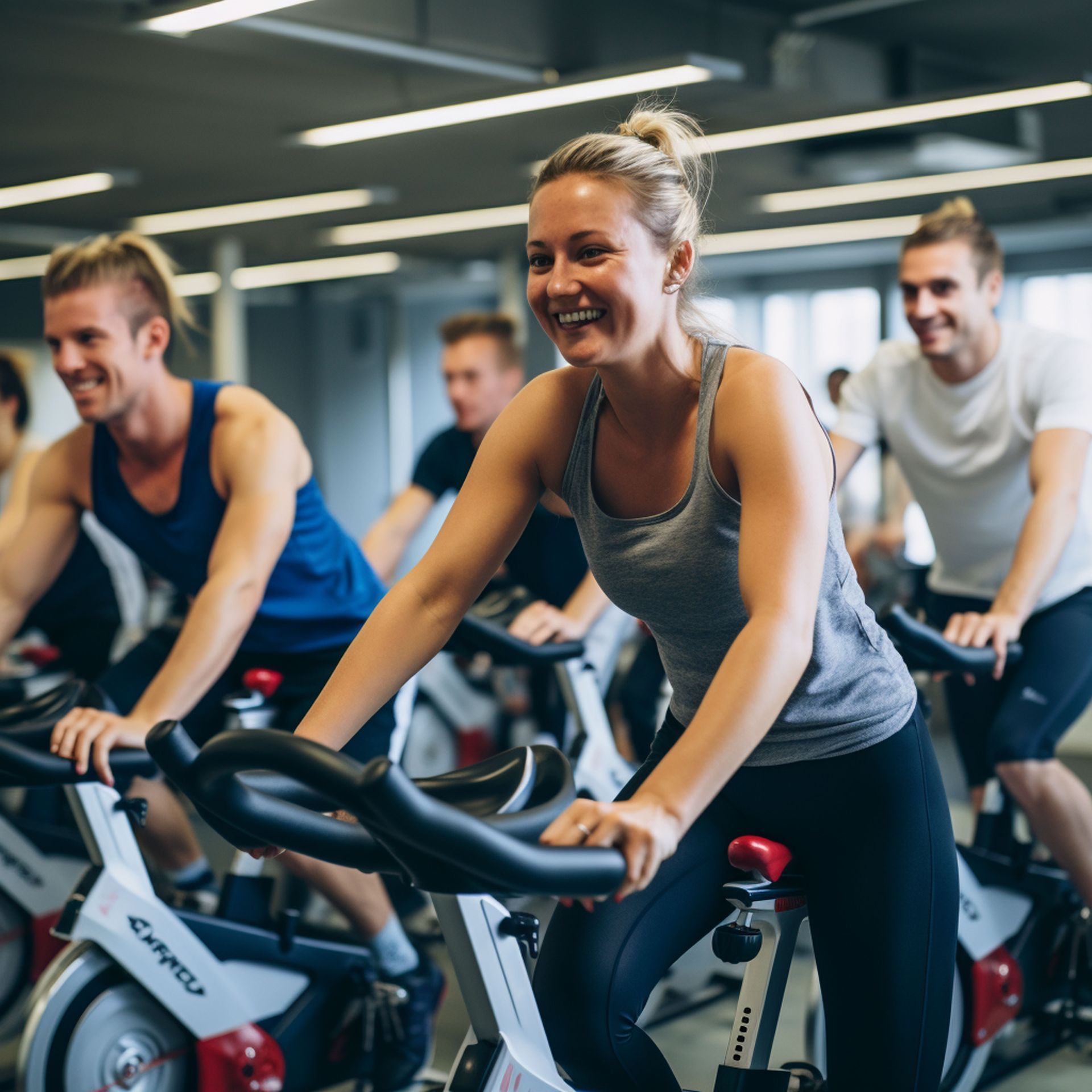 Folk træner på motionscykler i en lys indendørs spinningtime, smilende og træder hårdt i pedalerne