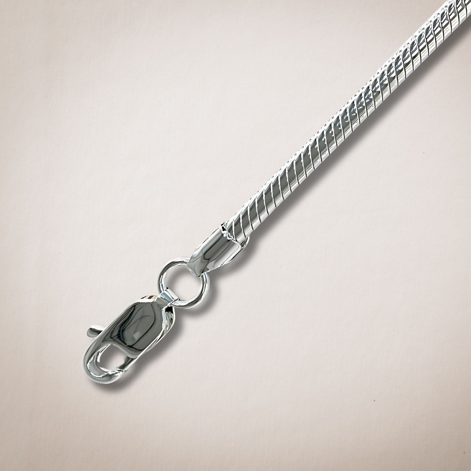 Een close-up van een zilveren ketting met een karabijnsluiting