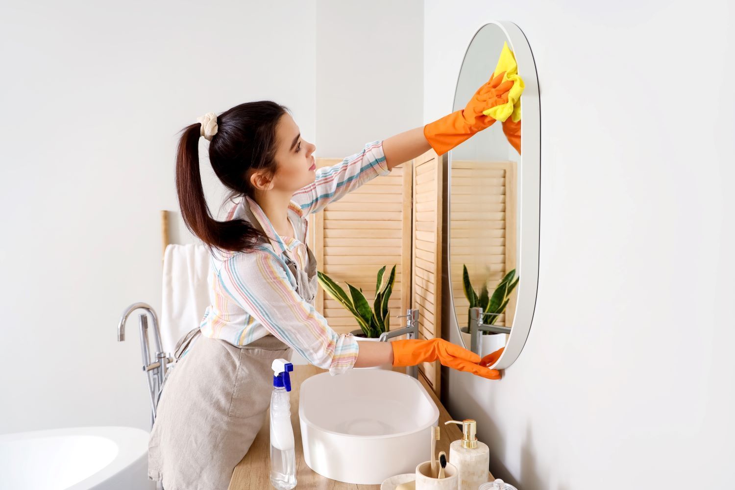 Woman Cleaning Mirror In The Bathroom โ Eleos Support Services In Lavington, NSW