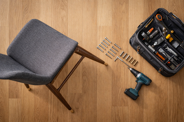 A grey upholstered chair sits on a wood floor next to a tool bag, power drill, and assorted hardware.