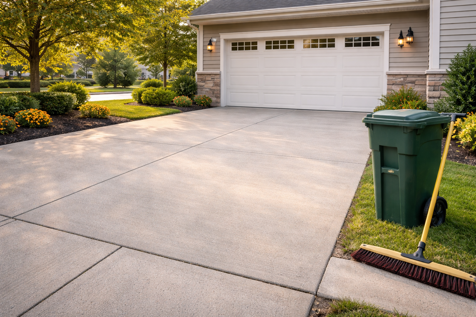 A suburban home driveway with a green trash bin and a broom sitting on the grass nearby.