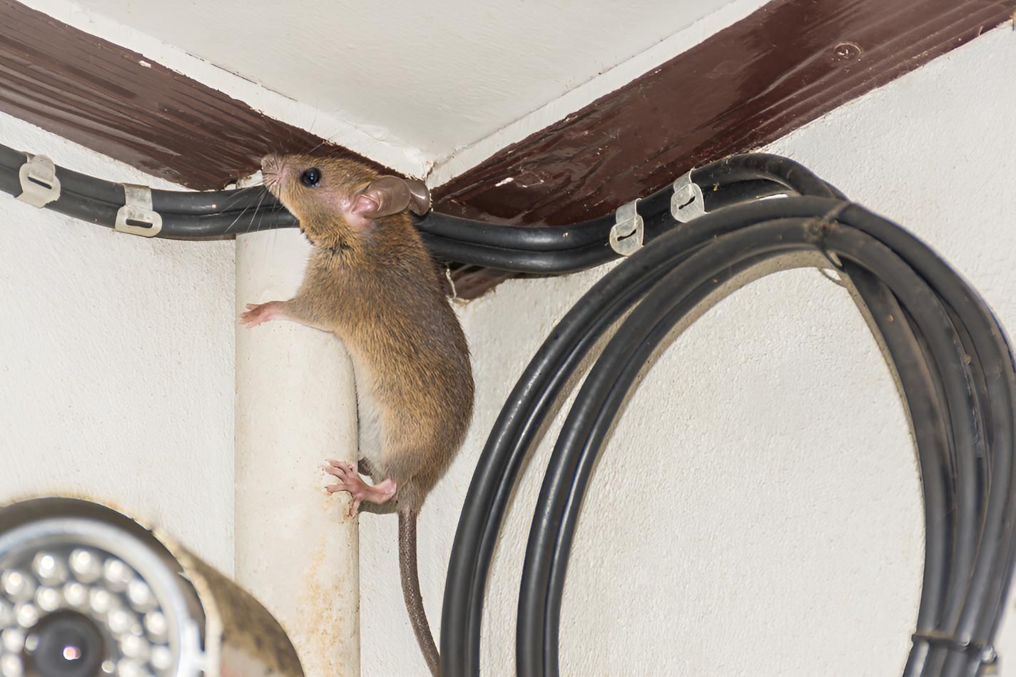 Mouse is Sitting on a Pipe Next to a Bunch of Wires — Shark Pest Control in Peregian, QLD